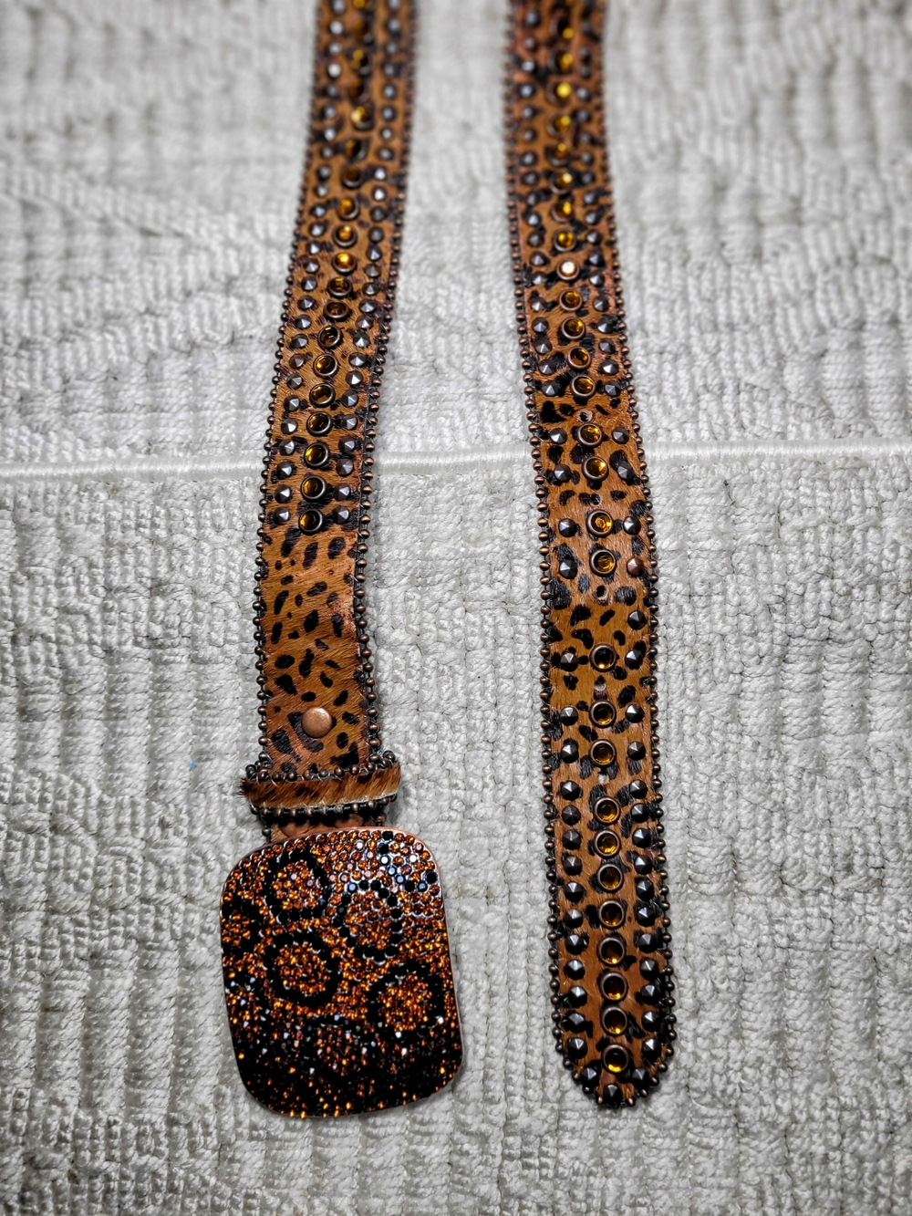 Genuine Leather Calf Leapard Print Rhinestone Studded Belt ML
